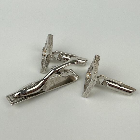 Swank Cufflinks With Matching Tie Clip 2 Sets Silver Tone Faux Pearl Gold Tone - Picture 5 of 9